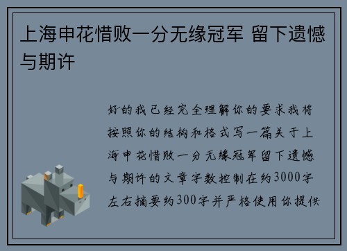 上海申花惜败一分无缘冠军 留下遗憾与期许 上海申花惜败一分无缘冠军 留下遗憾与期许