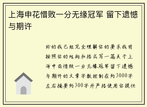 上海申花惜败一分无缘冠军 留下遗憾与期许