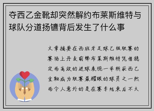 夺西乙金靴却突然解约布莱斯维特与球队分道扬镳背后发生了什么事